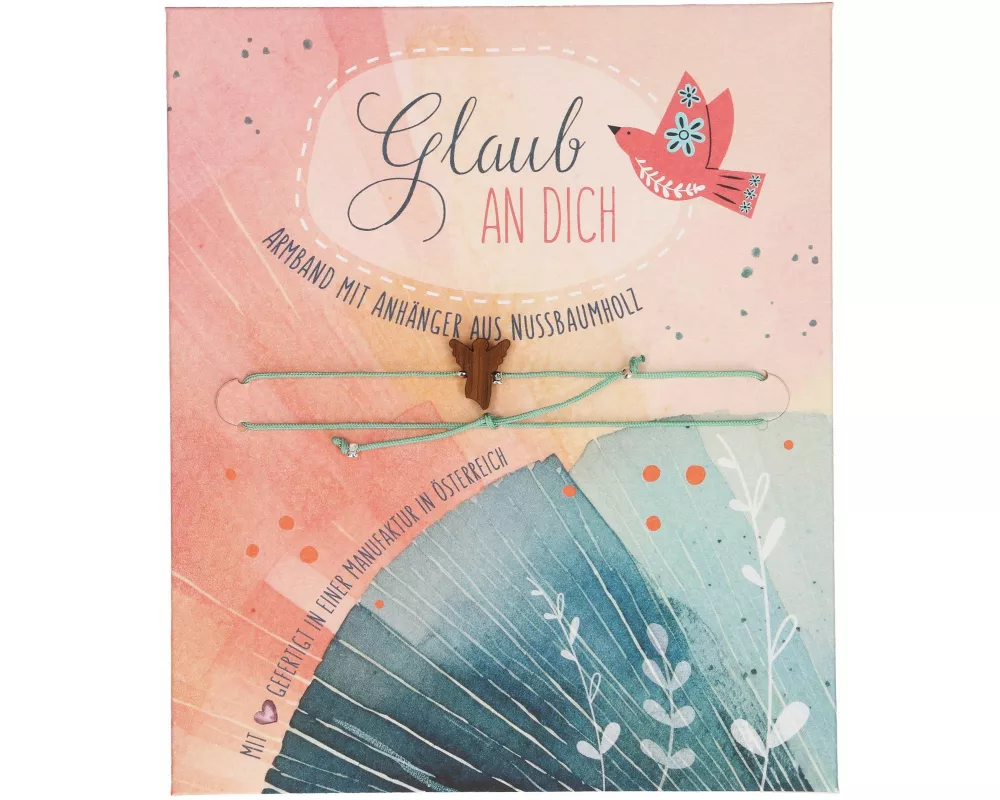 Textil-Armband in hellgrün mit Engel-Anhänger aus Nussbaumholz: Glaub an dich