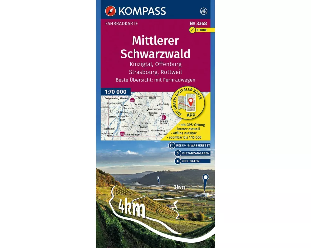 KOMPASS Fahrradkarte 3368 Mittlerer Schwarzwald, Kinzigtal, Offenburg, Strasbourg, Rottweil mit Knotenpunkten 1:70.000