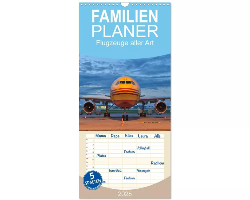 Familienplaner 2026 - Flugzeuge aller Art mit 5 Spalten (Wandkalender, 21 x 45 cm) CALVENDO