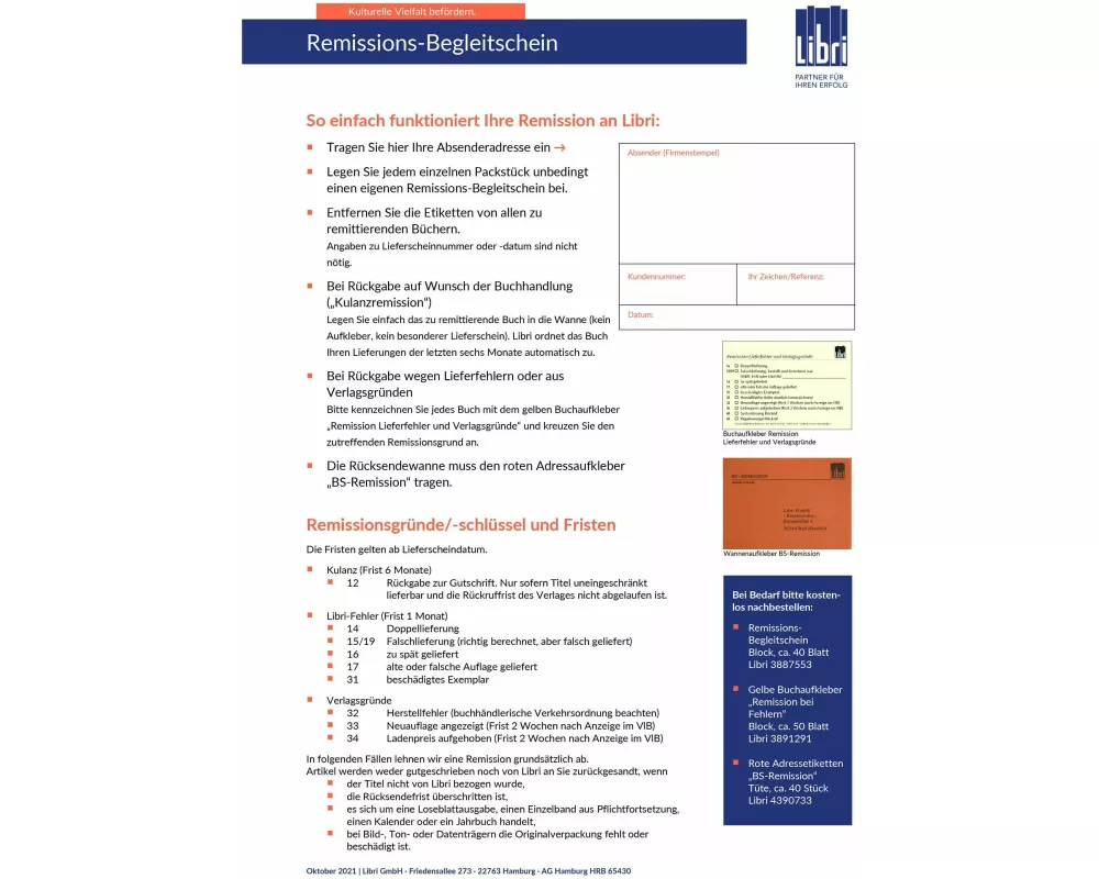 Kundenremission / Remissionsbegleitschein 40 Blatt