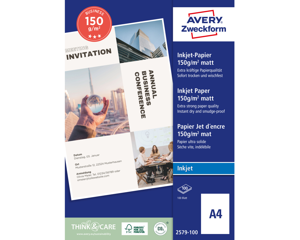 AVERY ZWECKFORM InkJet-Papier A4 2579-100 150g, weiss 100 Blatt