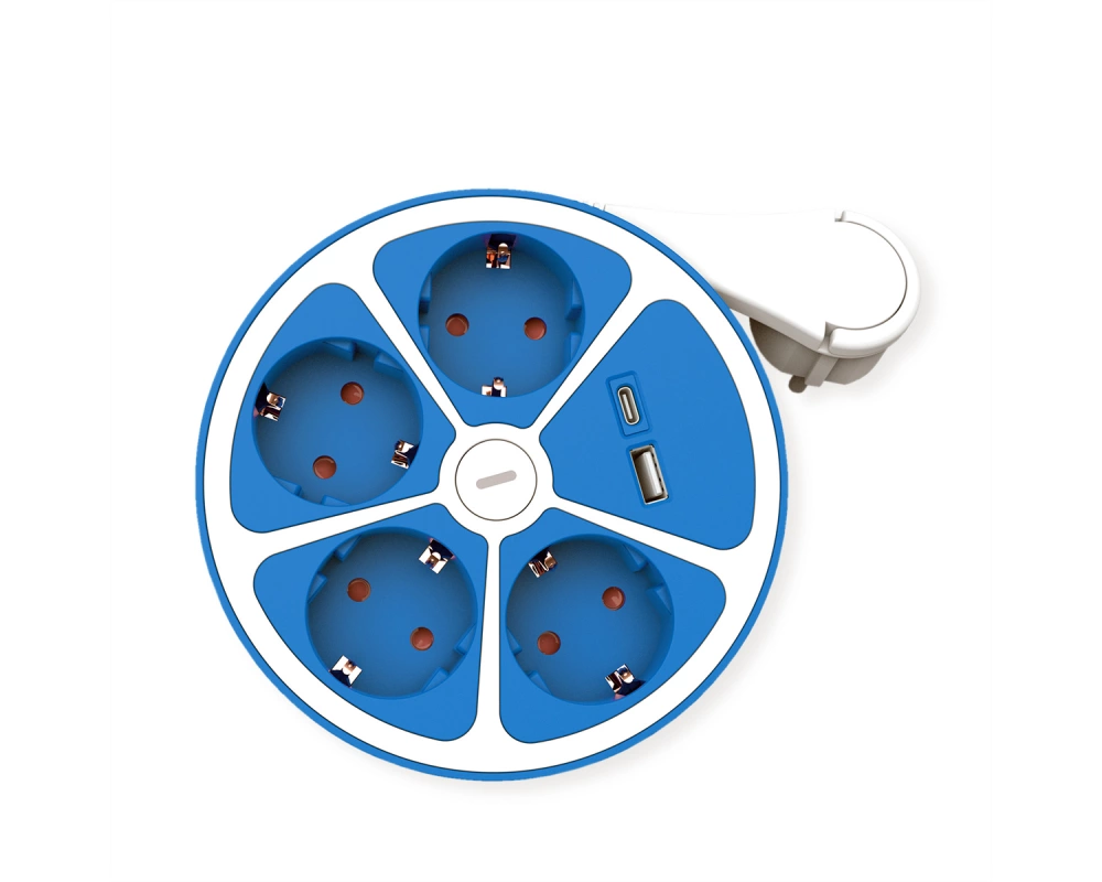 ROLINE 4-fach Steckdosenleiste mit Schalter, rund, USB-Charger A+C, blau, 3 m