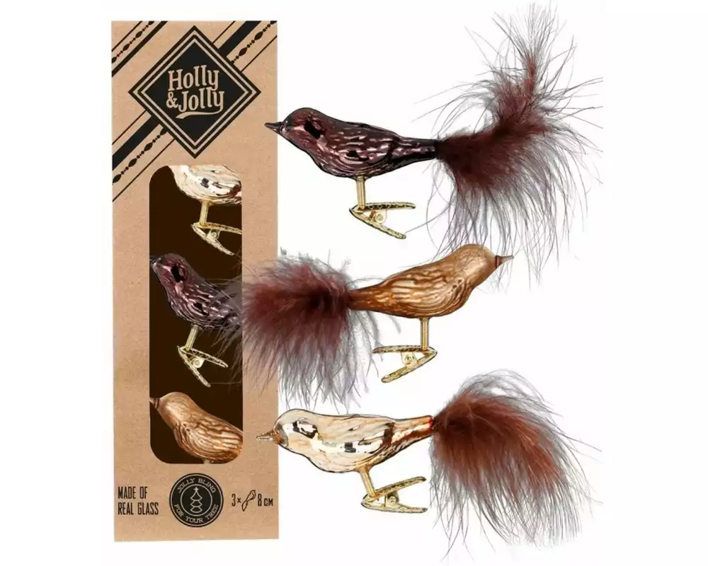 Holly & Jolly Weihnachtskugel Vogel Elegant Lounge 3 Stück, 8 cm