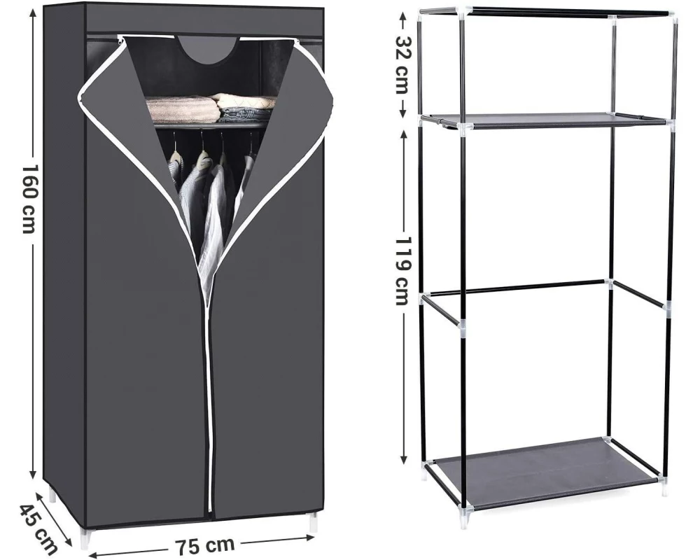 Songmics Stoffkleiderschrank mit Reissverschluss Grey