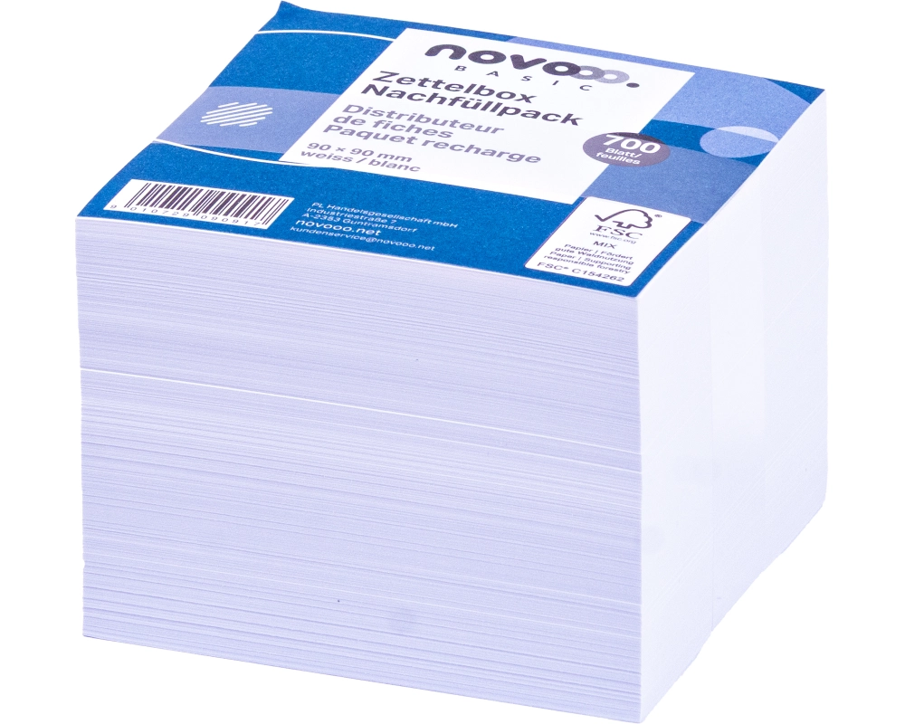 novooo. Zettelbox Papier 90 x 90 mm, weiss, 80g, 700 Blatt