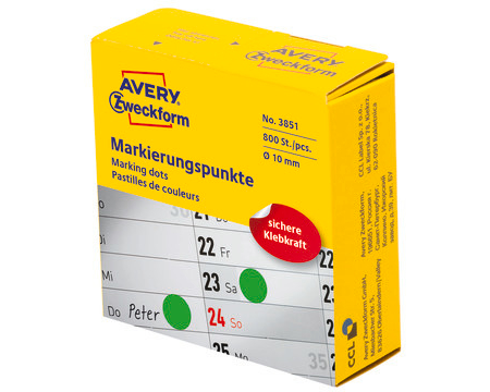 AVERY ZWECKFORM Markierungspunkte 10mm 3851 grün, Spender 800 Stück