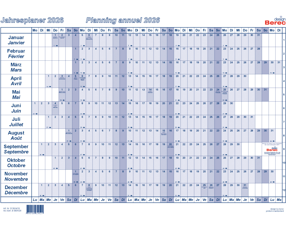 BEREC Papierjahresplaner 2026 B 5604/26 1J/1S blau A4