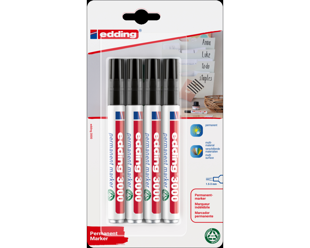 EDDING Permanent Marker 3000 1.5-3mm 4-3000-4-100 schwarz, wasserfest 4 Stück