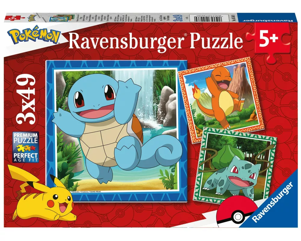 Kinderpuzzle 3x49 Teile - Pokémon - Glumanda, Bisasam und Schiggy