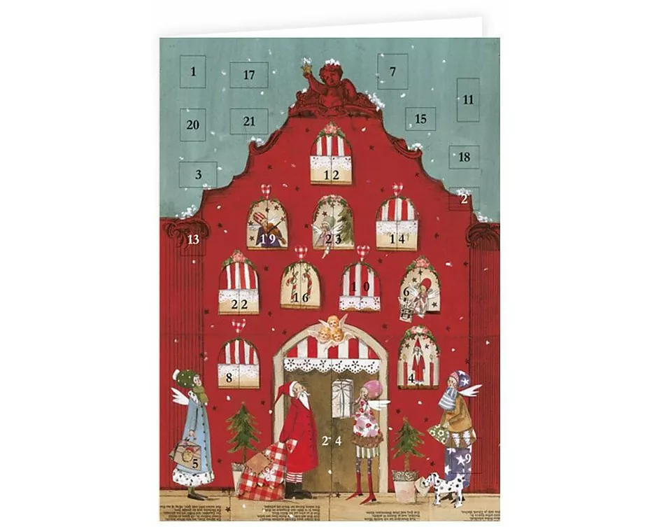 Adventskalender-Doppelkarte. Rotes Haus
