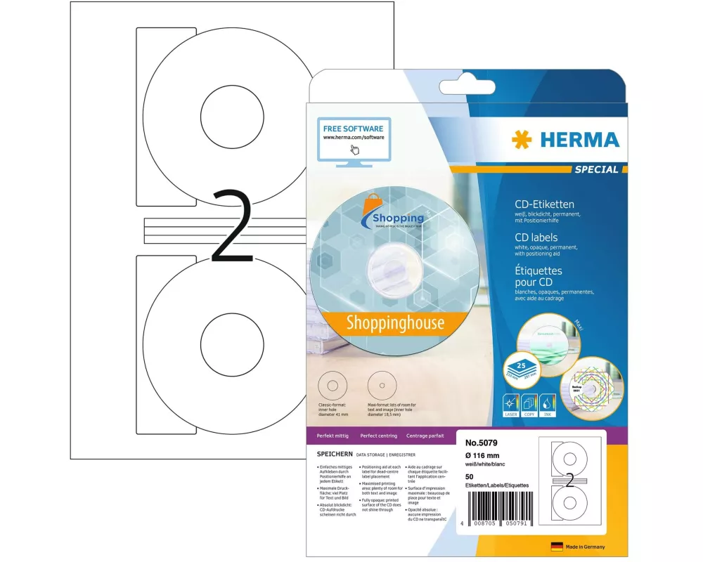 HERMA CD-Etiketten 5079 Ø 116 mm Weiss, 25 Blatt