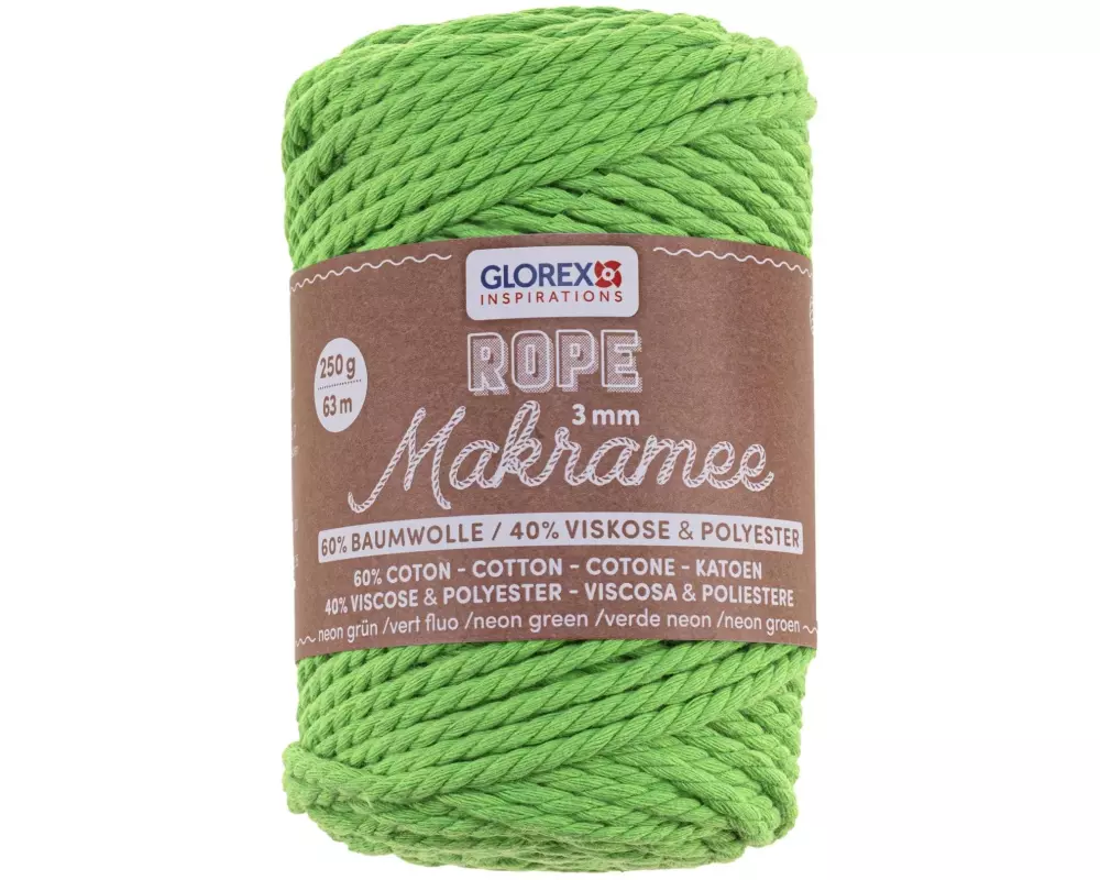 Glorex Wolle Makramee Rope gedreht 63 m x 3 mm, 250g, Neongrün