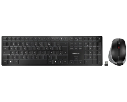 CHERRY DW 9500 SLIM. Keyboard style: Straight. Connectivity technology: Wireless, Device interface: RF Wireless + Bluetooth, Keyboard key switch: Scissor key switch, Keyboard layout: AZERTY, Keyboard number of keys: 111. Cable length: 1.2 m. Recommended usage: Universal. Product colour: Black, Grey. Mouse included