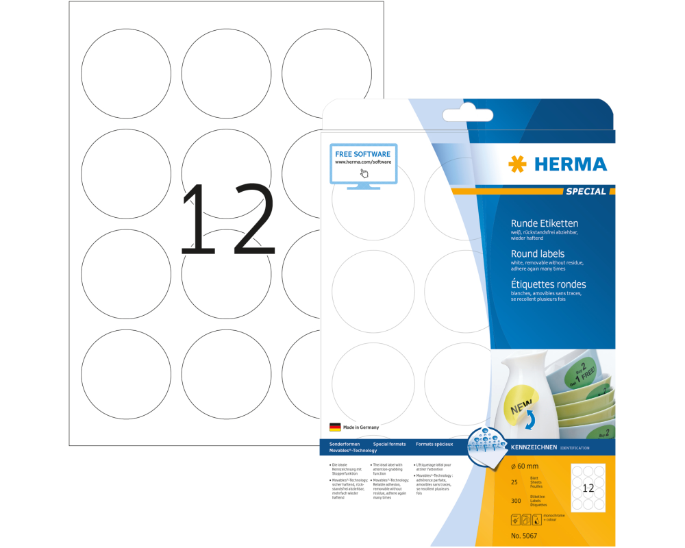 HERMA Rund-Etiketten 60mm 5067 weiss 300 St./25 Blatt