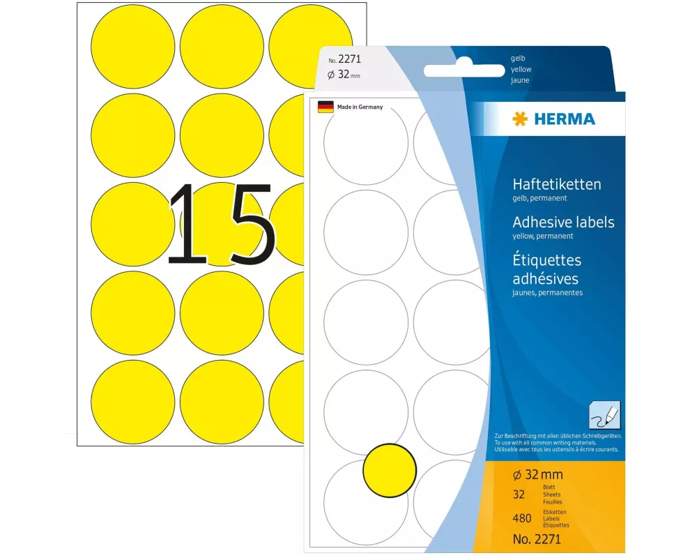 HERMA Vielzweck-Etiketten 2271 Gelb Ø 32 mm, 32 Blatt