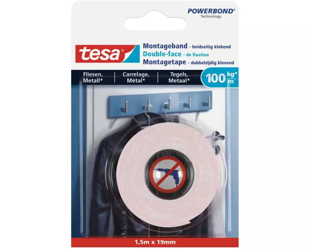 tesa Montageband XS 1.5 m x 19 mm für Fliesen + Metall