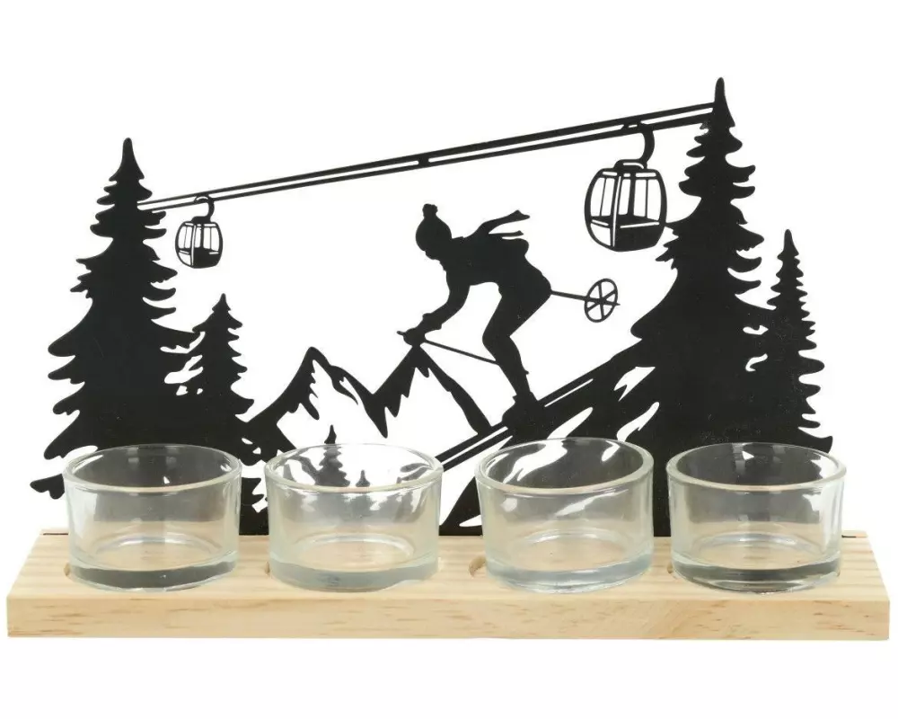 G. Wurm Teelichthalter Skifahrer Schwarz/Braun, Holz/Metall