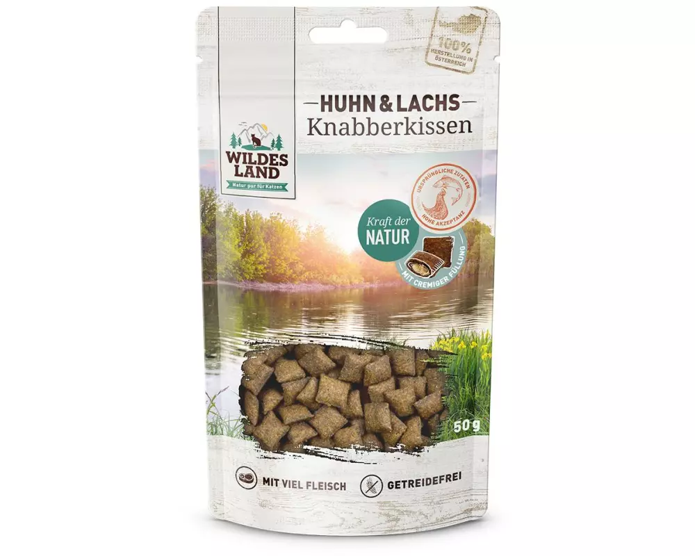 Wildes Land Katzen-Snack Knabberkissen Huhn und Lachs 50 g