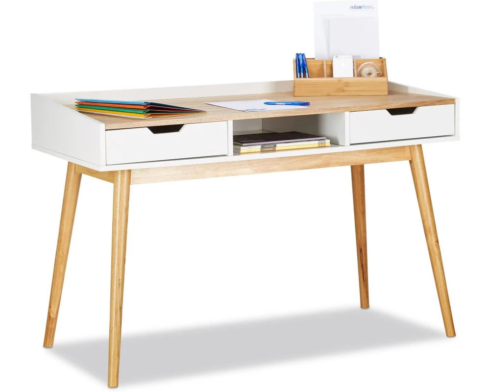 relaxdays Schreibtisch 120 x 55 x 76 cm, Weiss / Hellbraun