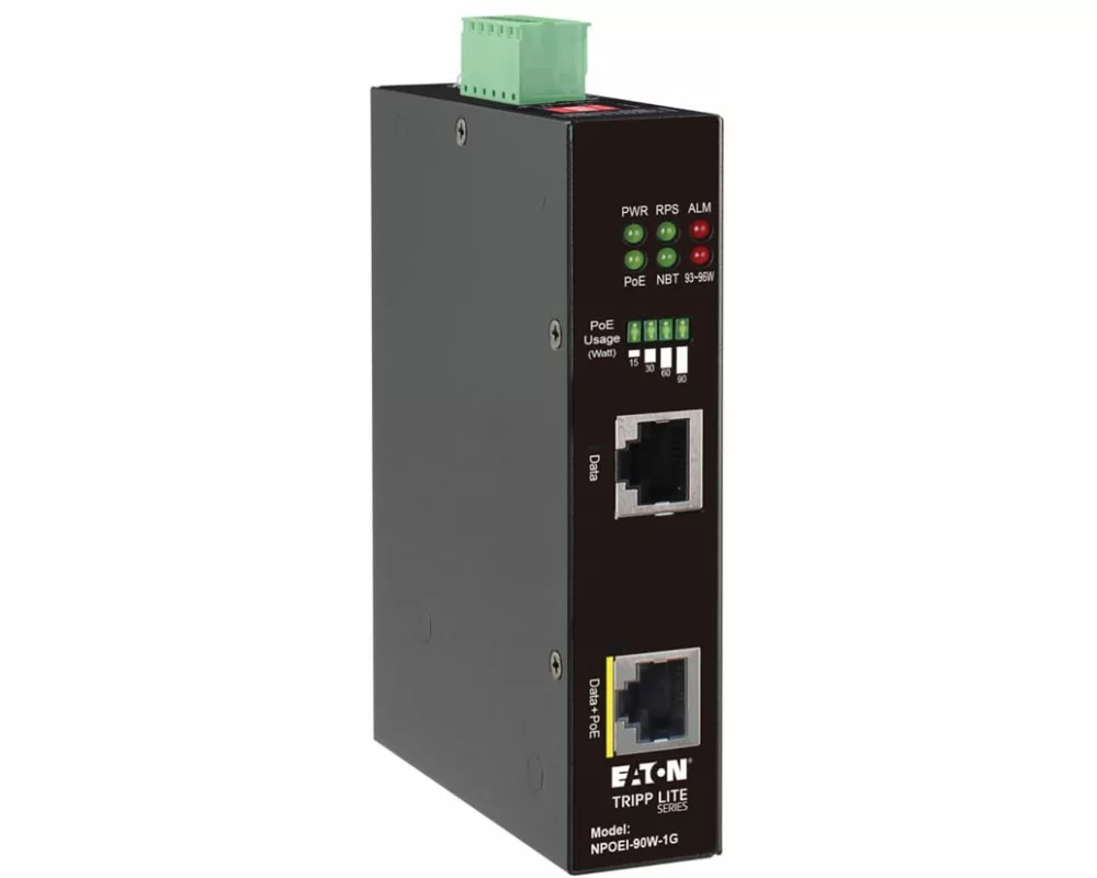 EATON TRIPPLITE Industrial, Gigabit, Ethernet, PoE, injector, 90W, PoE++, 802.3bt, Midspan, -40, to, +75, DIN, rail, 1, Port
