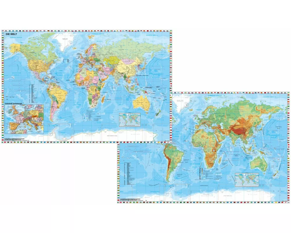 Weltkarte mit Ausschnitt Zentraleuropa / Weltkarte physisch. Duo-Schreibunterlage