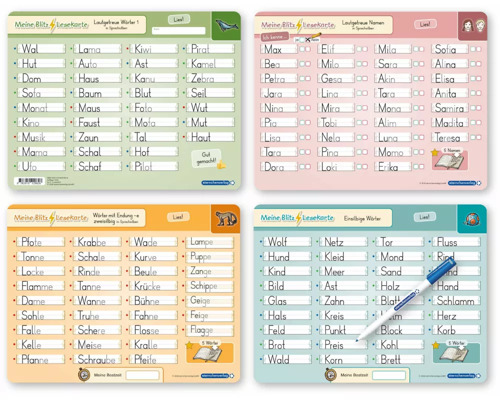 Meine Blitzlesekarten Set 1 zur Leseförderung (4 Lerntafeln mit Stift)