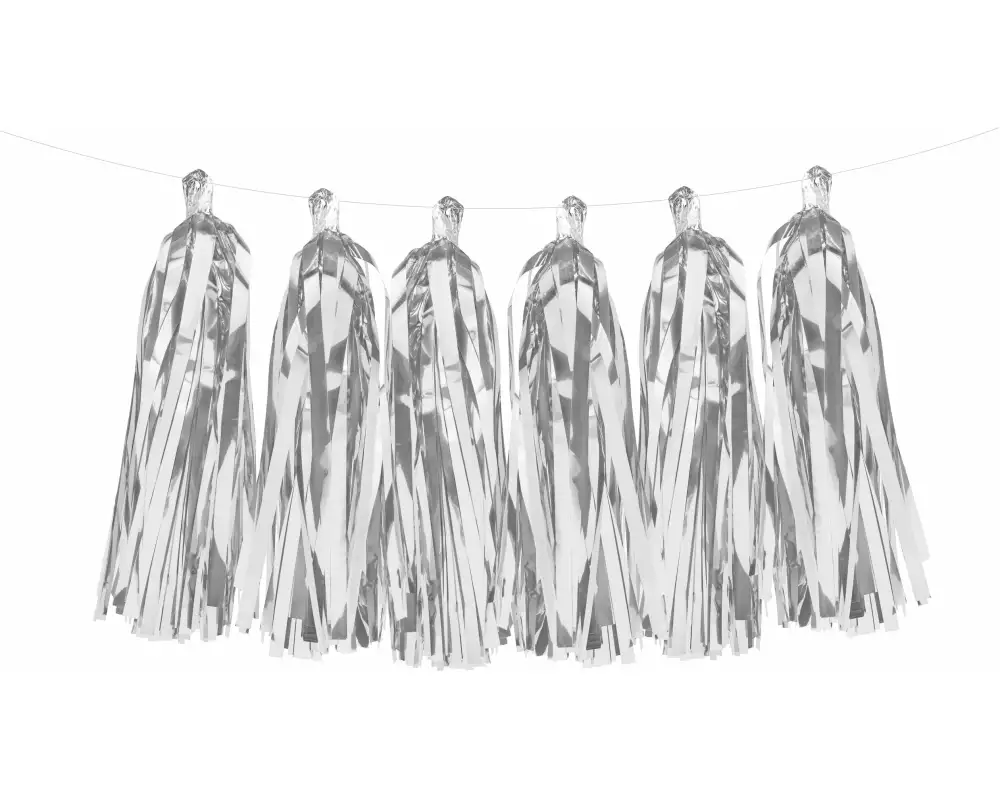 Partydeco Girlande Quasten 1.5 m, Silber, 12 Pompons