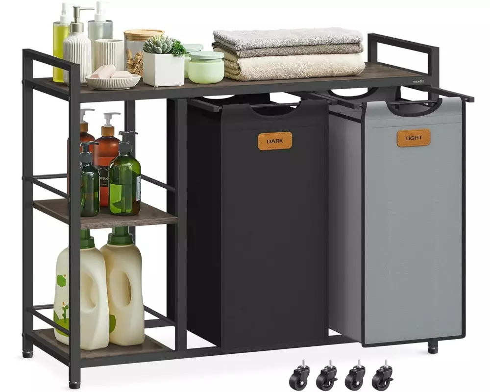 VASAGLE Wäschekorb mit 2 Fächern 100 l, Schwarz/Braun/Grau