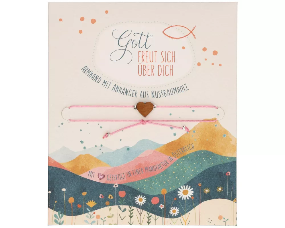 Textil-Armband mit Herz aus Nussholz: Gott freut sich über dich