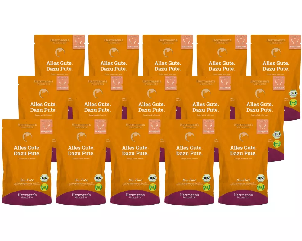 Herrmann's Nassfutter Bio Pute, Wurzelgemüse/Kartoffeln/Fenchel,15x150g