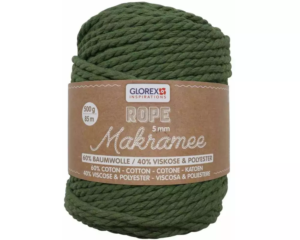 Glorex Wolle Makramee Rope gedreht 5 mm, 500 g, Olivgrün