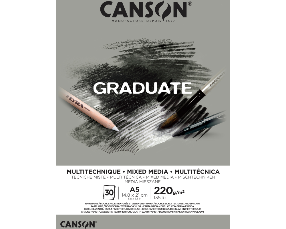CANSON Graduate Mixed Media A5 400110370 20 Blatt, grau, 220g