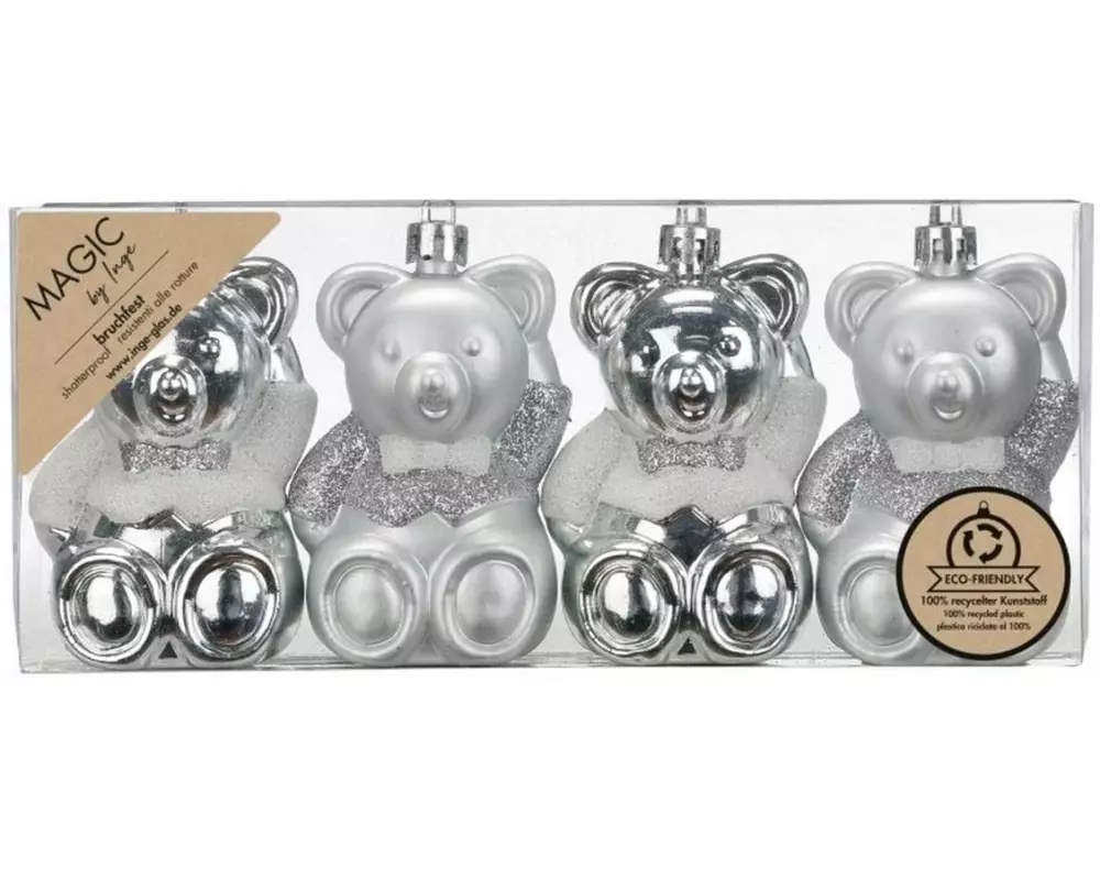 INGES CHRISTMAS DECOR Weihnachtsschmuck Teddybär 4 Stück, Silber