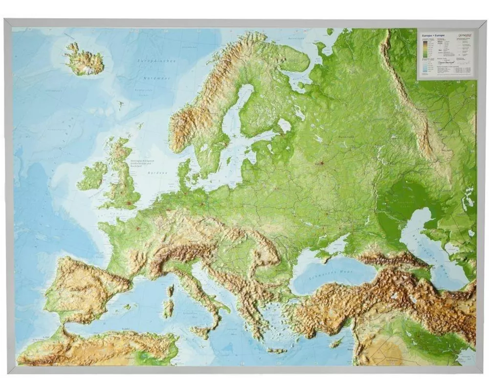 Reliefkarte Europa Gross 1 : 8.000.000 mit Aluminium Rahmen