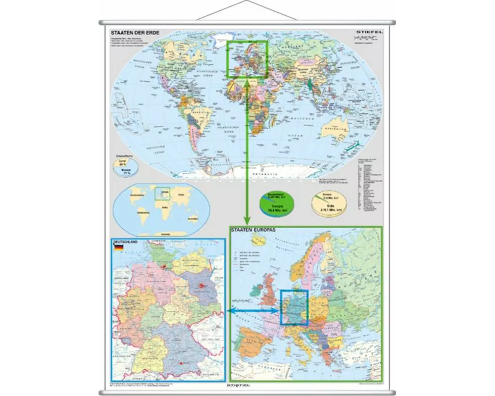Deutschland und Europa in der Welt politisch. Wandkarte Grossformat mit Metallstäben