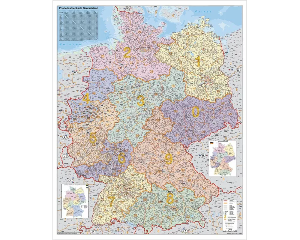 Deutschland Postleitzahlenkarte 1 : 750 000. Wandkarte Grossformat ohne Metallstäbe