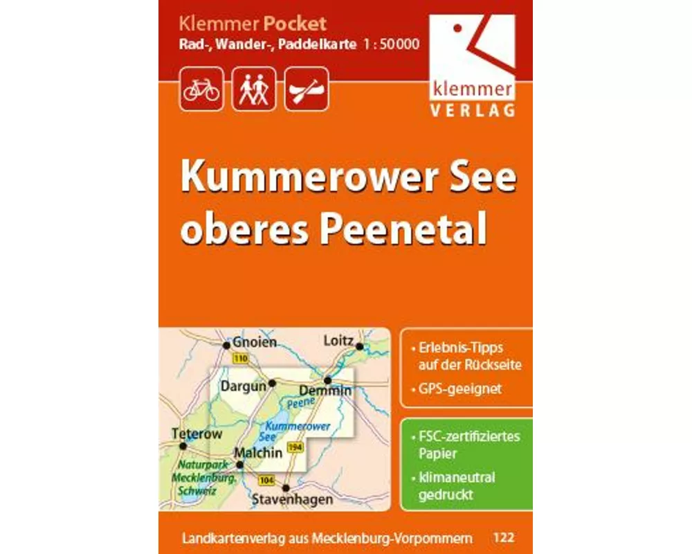 Klemmer Pocket Rad-, Wander- und Paddelkarte Kummerower See - oberes Peenetal