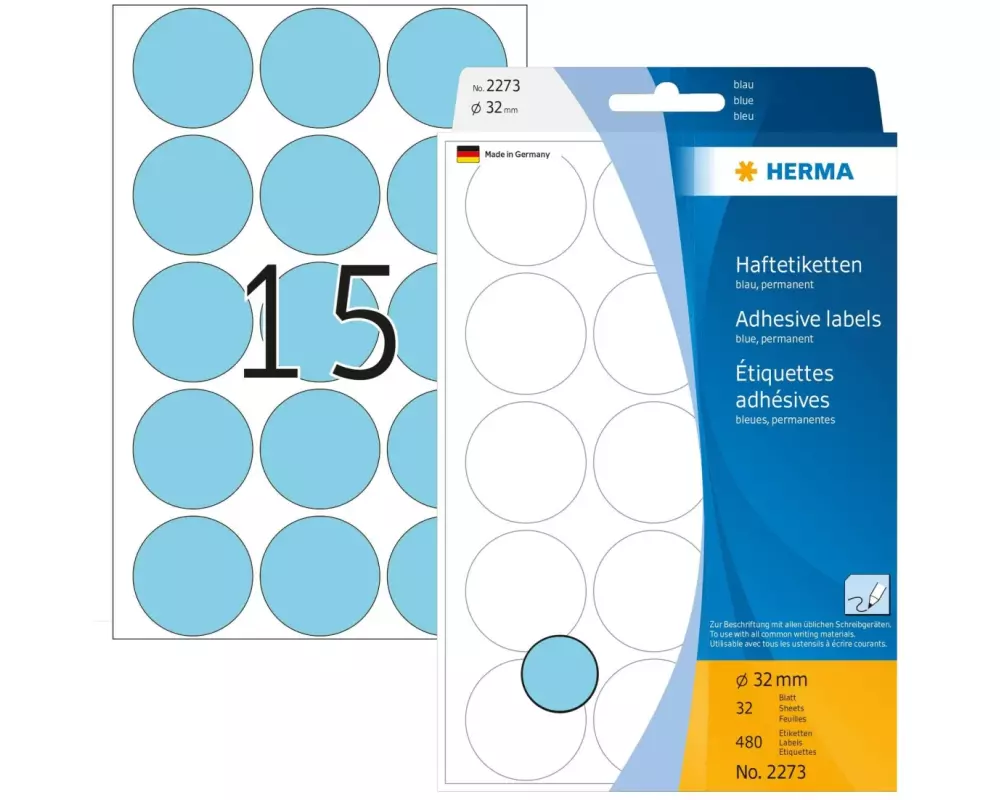 HERMA Vielzweck-Etiketten 2273 Blau Ø 32 mm, 32 Blatt