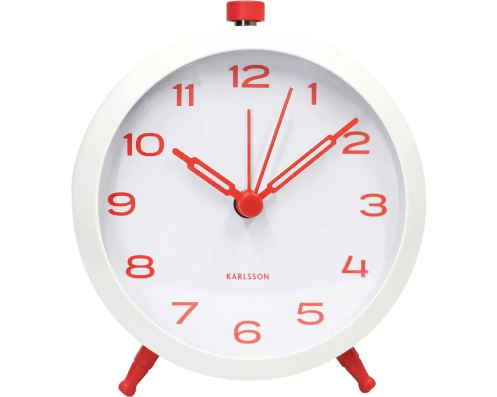 KARLSSON Wecker Button Retro Weiss mit leuchtendem Scharlachrot