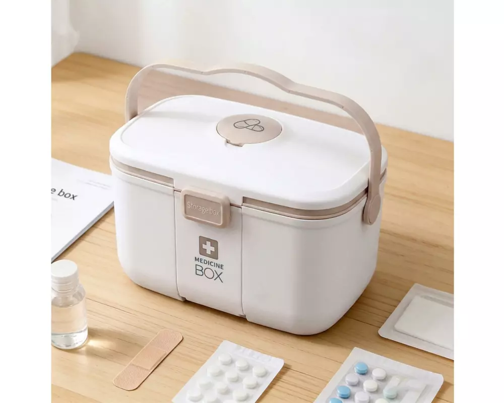 relaxdays Medizinbox aus Kunststoff Beige/Weiss 17 x 28 x 18 cm