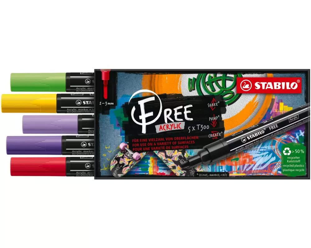 STABILO Acrylmarker Free Acrylic T300 Vibran 5-Etui