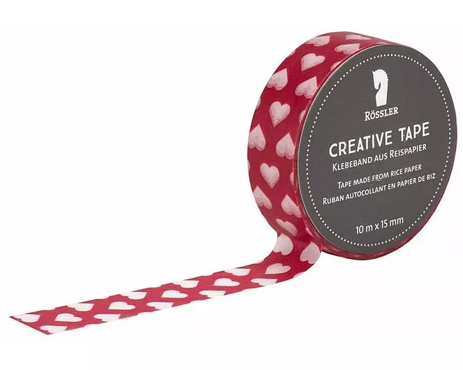 Creative Tape transp. Herzen auf rot - 10m x 15 mm