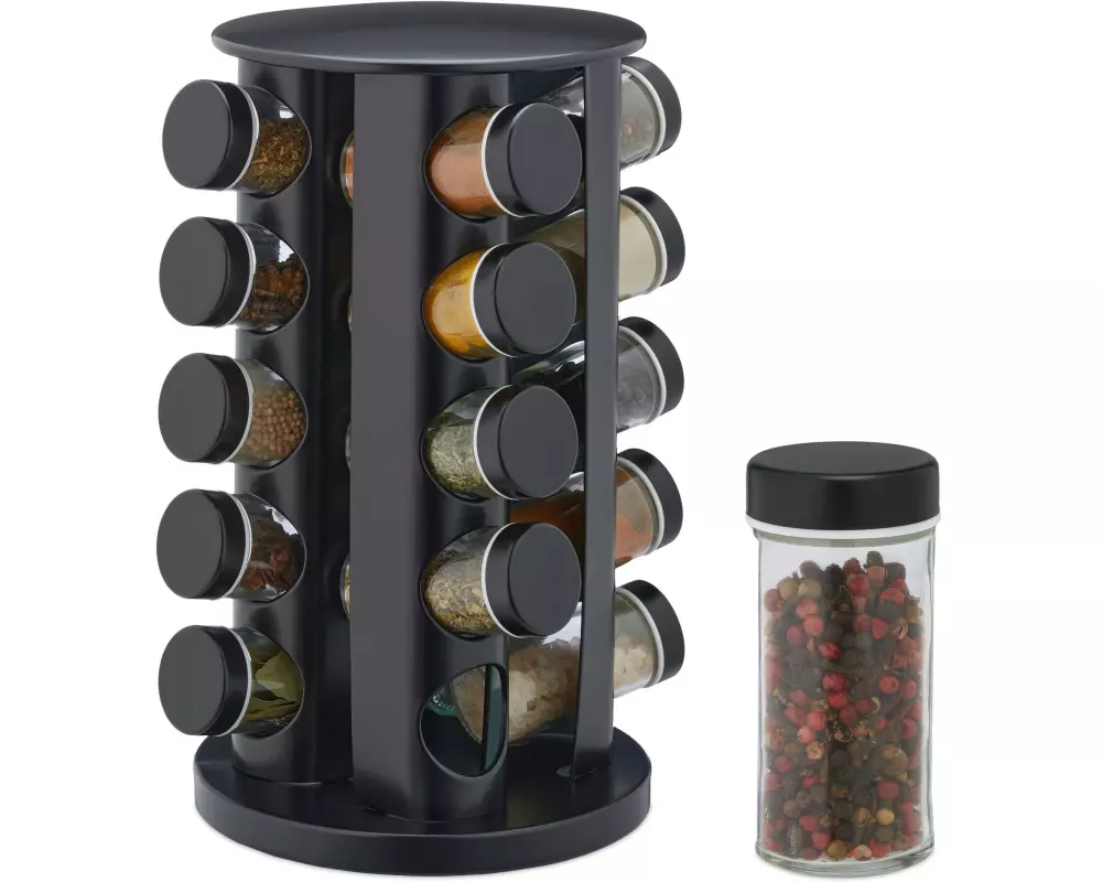relaxdays Gewürzkarussell 20er Set Schwarz/Transparent