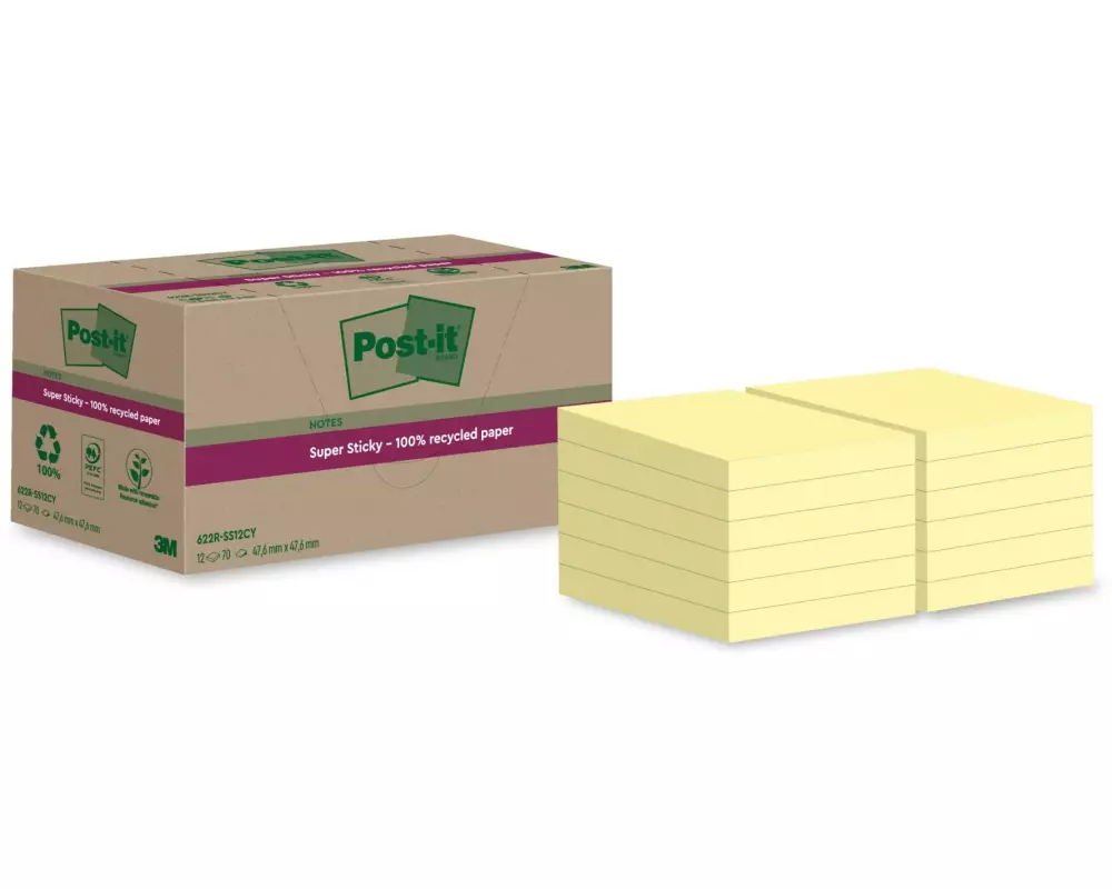 Post-it Notizzettel Super Sticky Recycling, Gelb, 12 Blöcke