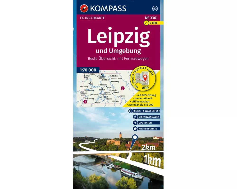 KOMPASS Fahrradkarte 3361 Leipzig und Umgebung mit Knotenpunkten 1:70.000