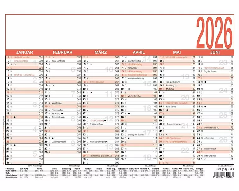 Zettler Arbeitstagekalender A4 2026 – Bürokalender groß 30 × 21 cm, 6 Monate pro Seite, Arbeitstage-, Tages- & Wochenzähler, Ferienübersicht, Feiertag