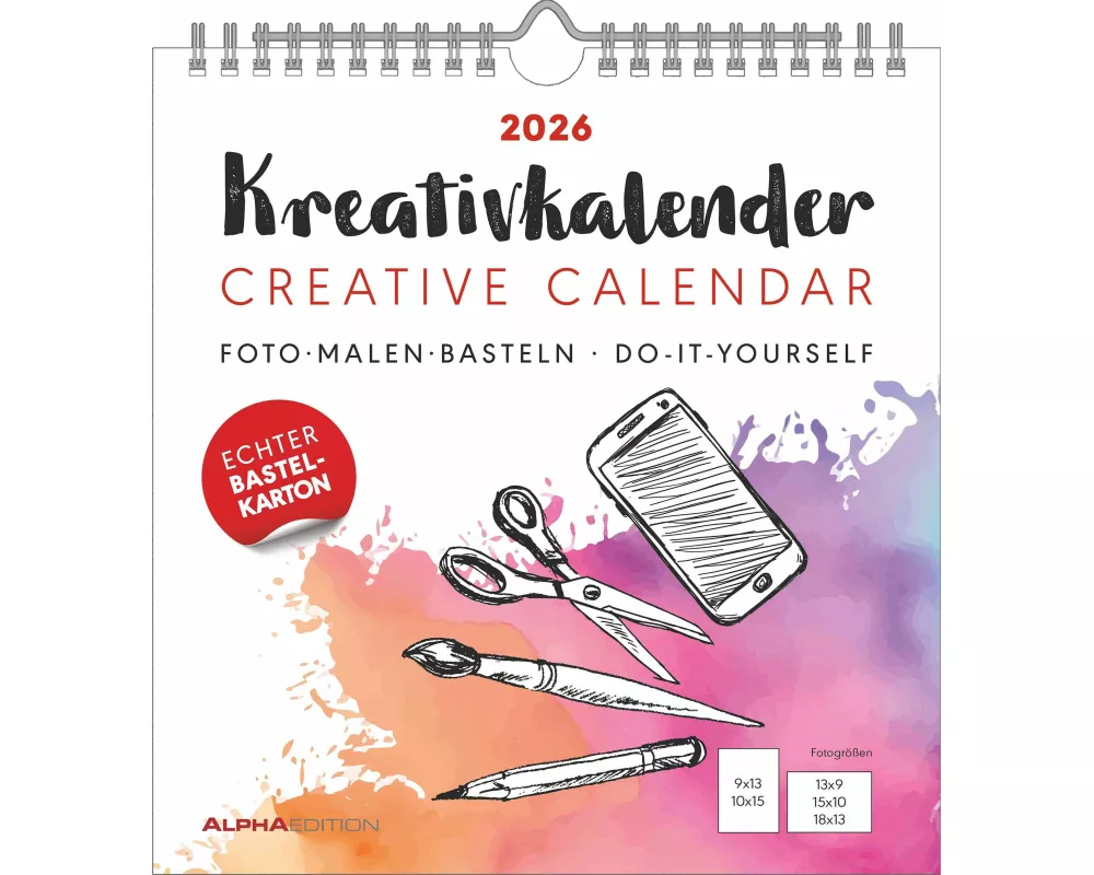 Alpha Edition - Kreativ-Kalender M Weiß 2026 – Bastelkalender 21×22 cm mit Platz für Fotos & kreative Gestaltung, weißer Hintergrund, ideal zum Malen,