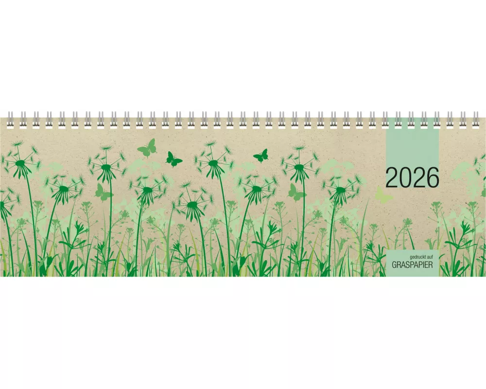 Zettler Tischquerkalender 1W/2S Graspapier 2026 – Wochenkalender 32 × 11 cm, 1 Woche auf 2 Seiten, nachhaltiger Bürokalender mit Stundeneinteilung 8–2