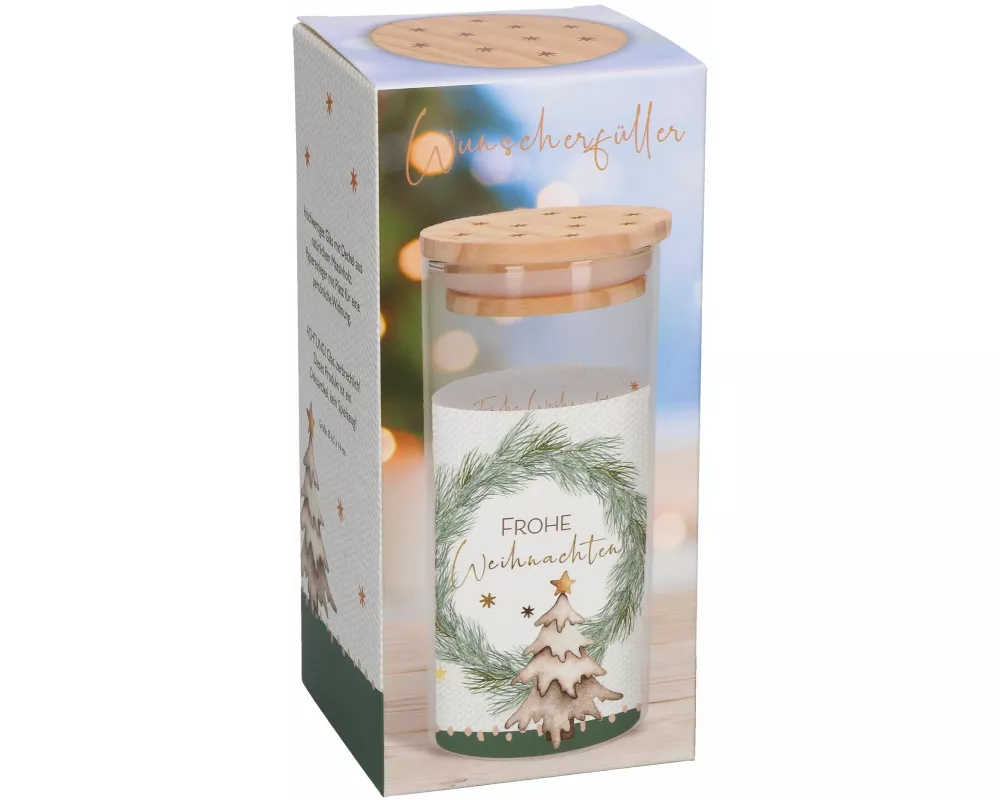 Butzon & Bercker Geldgeschenk Wunscherfüller zu Weihnachten 14 cm - Glasbehälter mit Massivholzdeckel, veredeltem Einleger für persönliche Widmung, Li