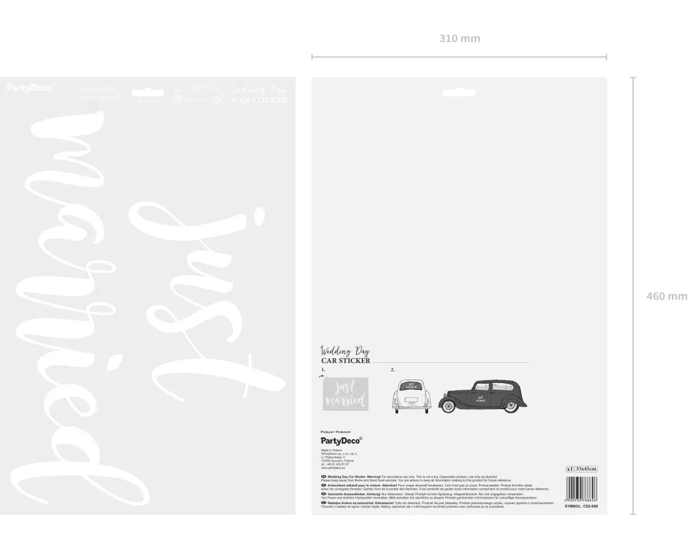 Partydeco Hochzeitsaccessoire Autosticker Just Married 33 x 45 cm